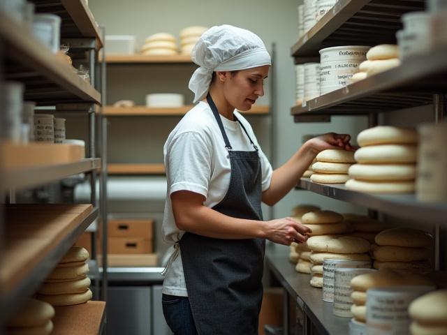 Baker stocking shelves and preparing ingredients for the next day's baking.
