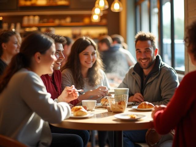 Customers enjoying coffee and croissants at Thread & Crumb.