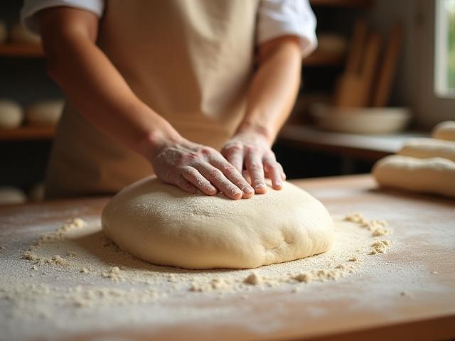 Baker kneading dough in the early morning light.