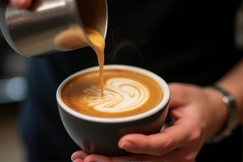 Barista pouring latte art into a coffee cup.