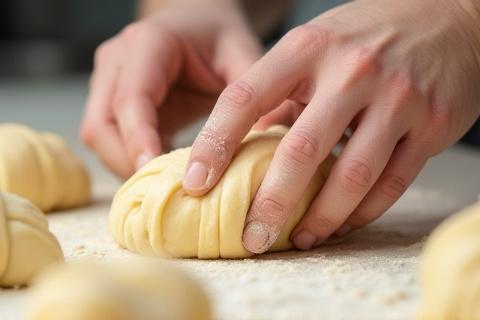 Close-up of hands delicately shaping pastry dough.