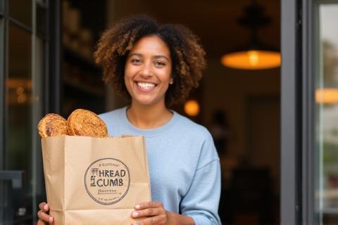 A smiling customer leaving the bakery with a bag of pastries.