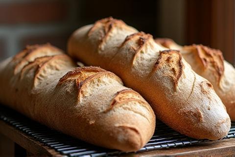 Freshly baked artisan sourdough loaves cooling on a rack.