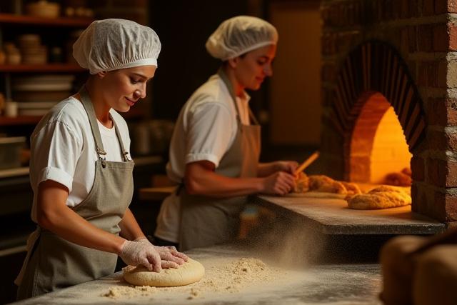 Thread & Crumb bakers working diligently in a warm, rustic bakery kitchen.