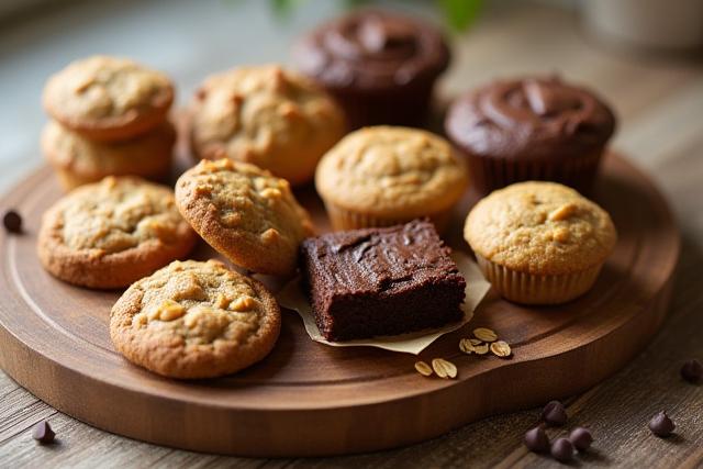 Delicious-looking gluten-free cookies and muffins arranged on a rustic tray.