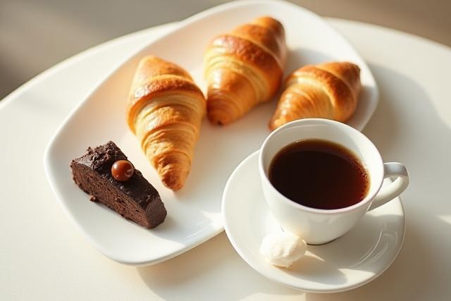 Assortment of delicate pastries like croissants and Danishes next to a cup of freshly brewed coffee.