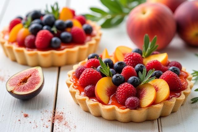 A vibrant display of seasonal pastries and tarts featuring fresh fruits.