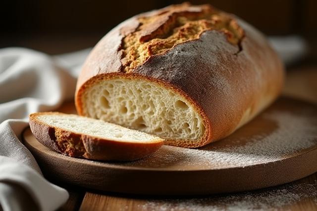 Freshly baked sourdough bread with a perfect crust, sliced on a wooden board.