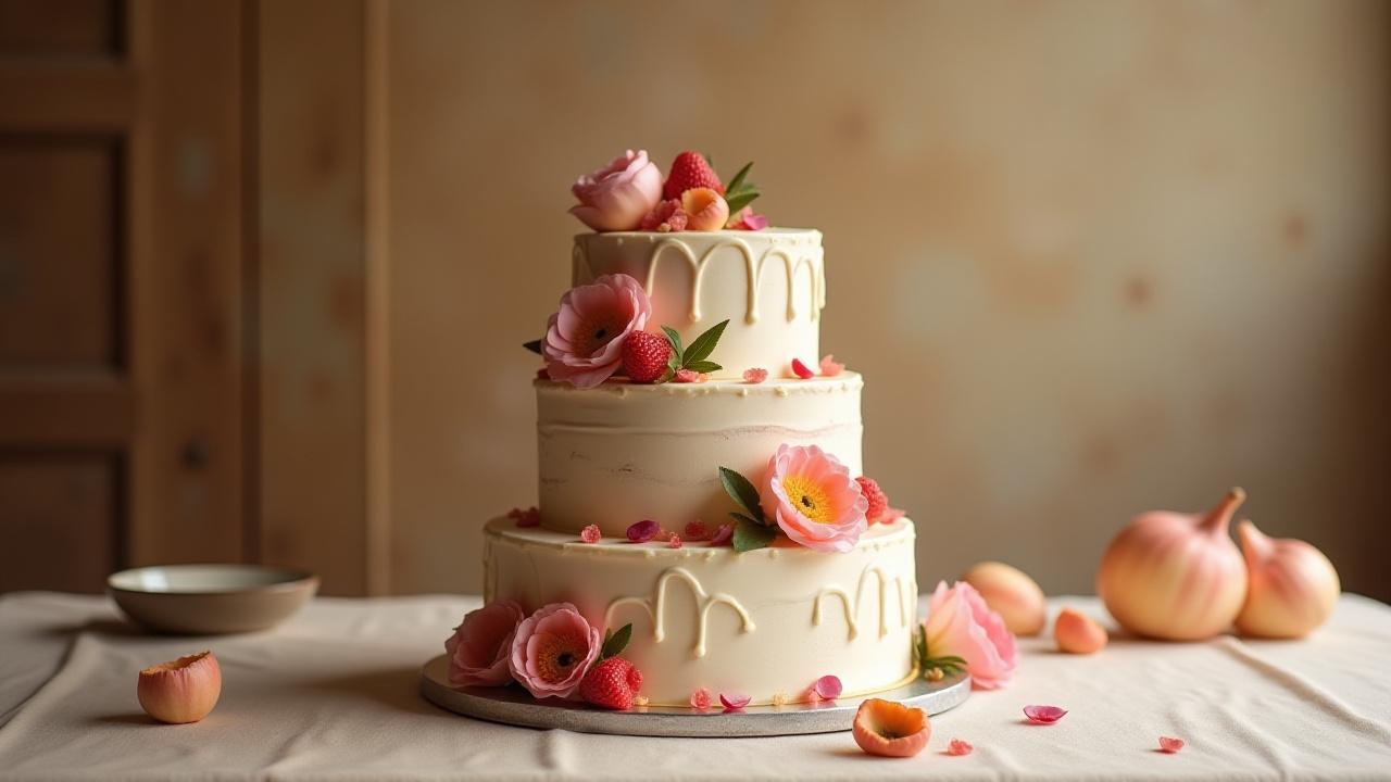 Beautifully decorated multi-tiered custom cake with intricate details and fresh flowers