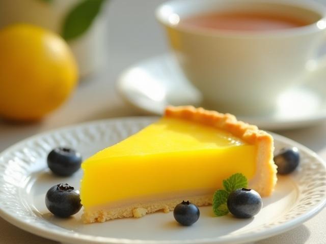 Bright yellow lemon tart slice with a delicate crust next to a cup of steaming Earl Grey tea.