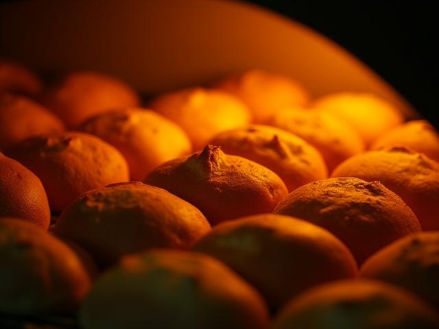 Golden brown sourdough loaves baking inside a hot artisan bakery oven