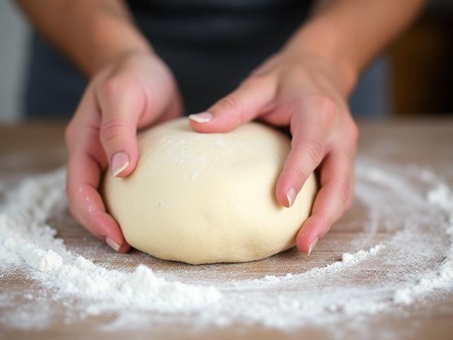 Baker's hands carefully shaping sourdough dough on a floured surface