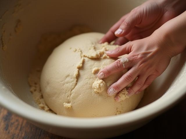 Close-up of hands mixing sourdough dough in a large bowl