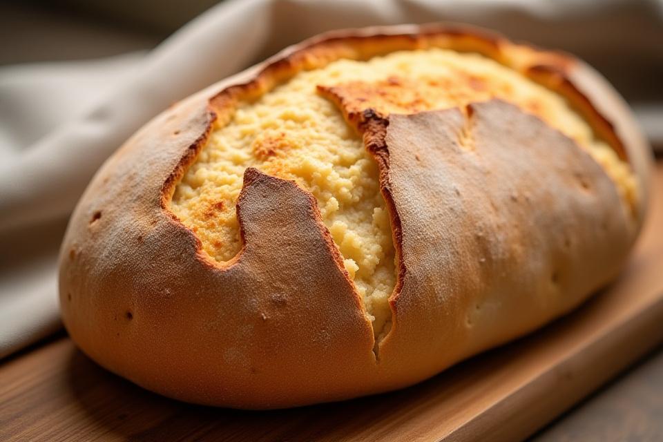 Freshly baked artisan sourdough loaf with a beautifully scored crust on a rustic wooden board